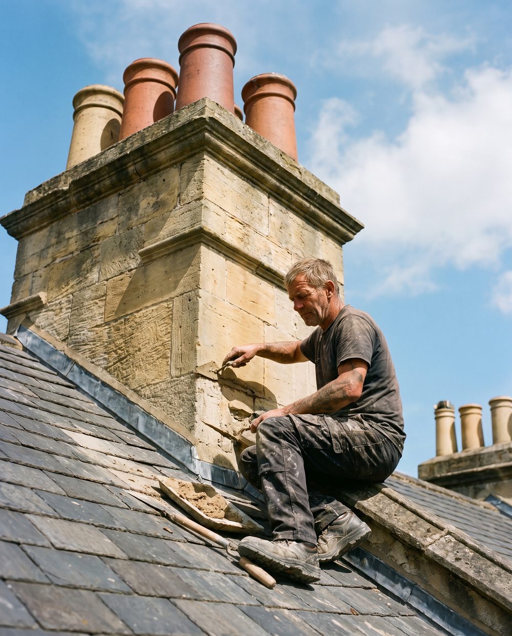 Roofer repointing a stone chimney stack