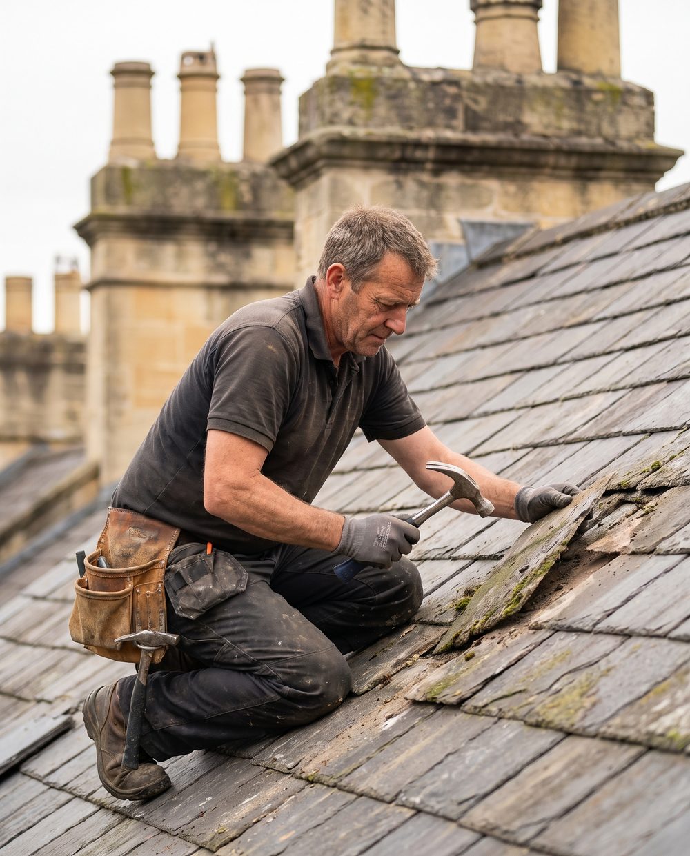 Roofer safely working on a Bath roof