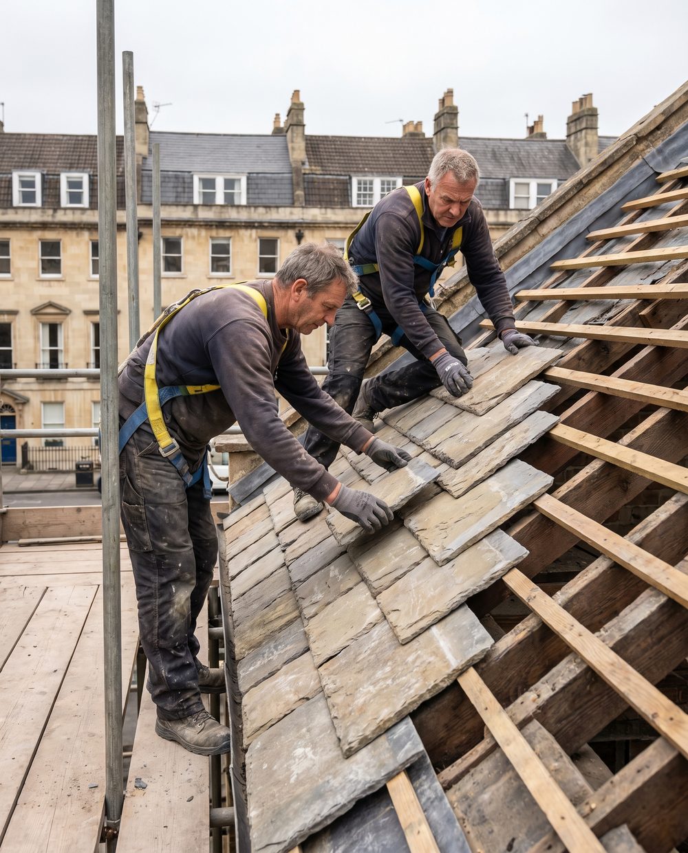Roofer laying new tiles on a Bath roof