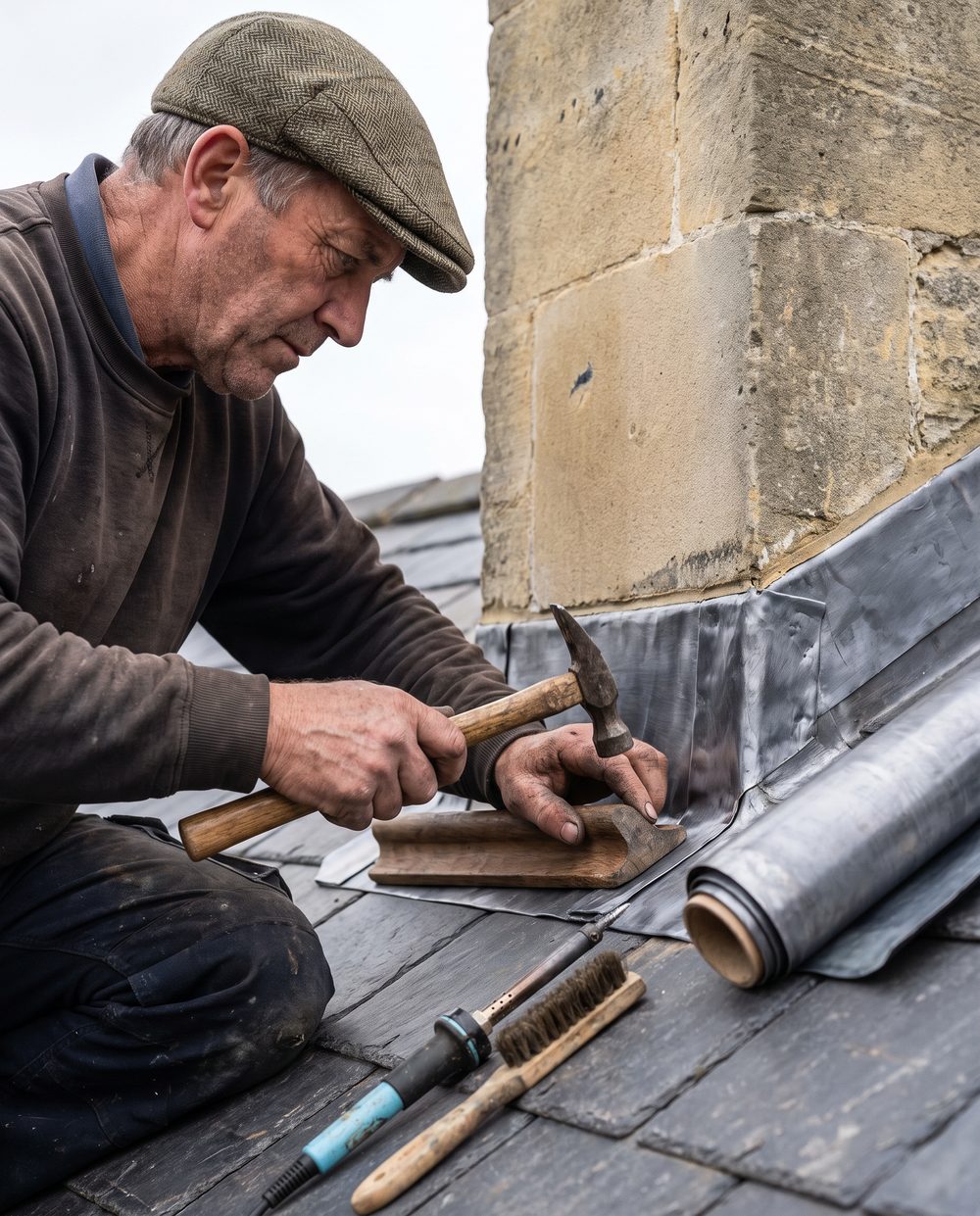Lead flashing being dressed around a chimney