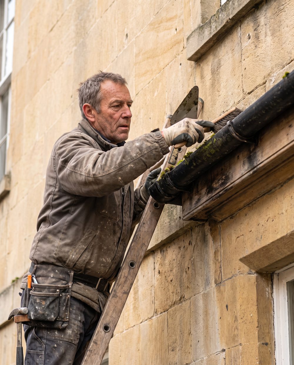 Installer fitting new uPVC guttering and fascia boards on a Bath home
