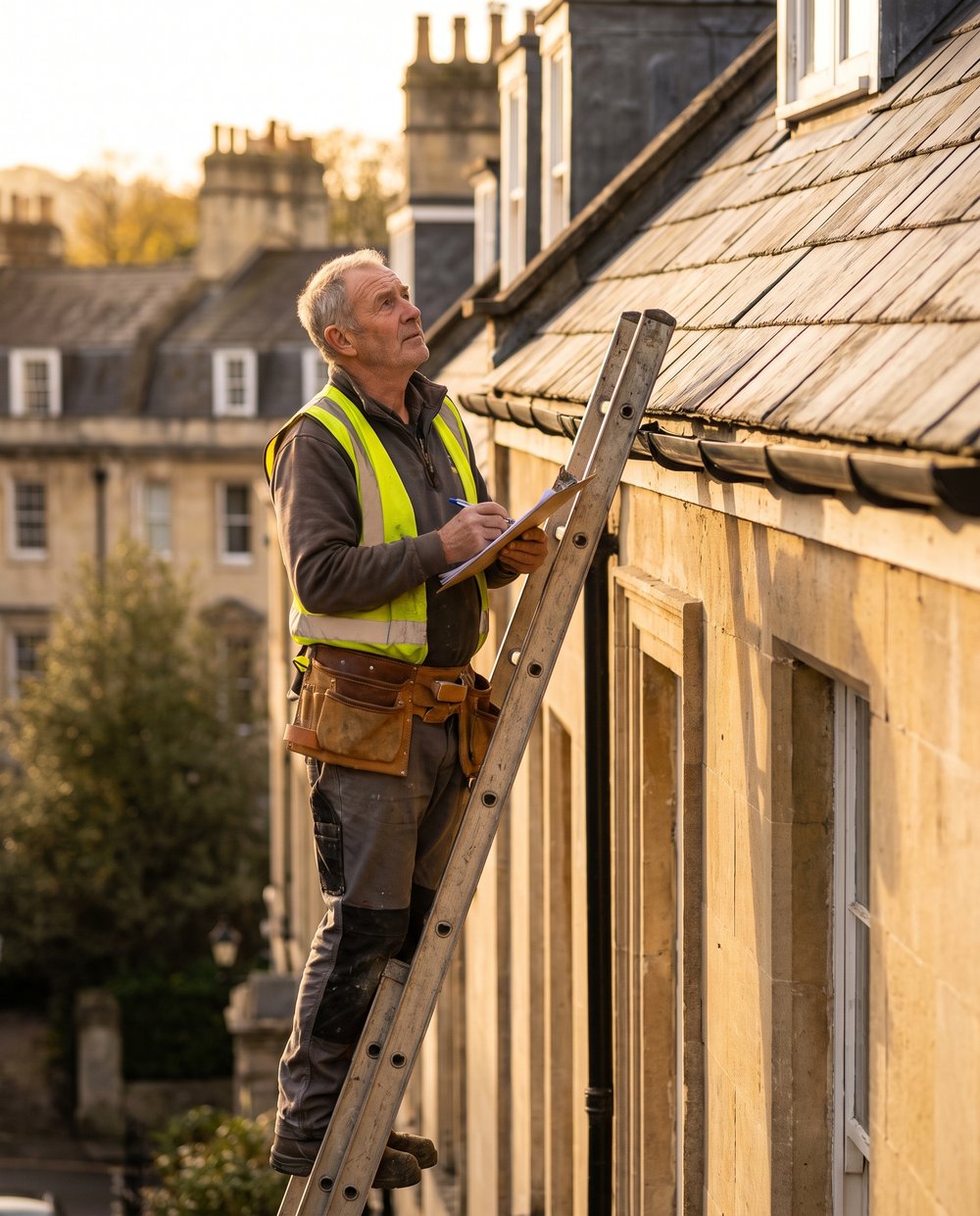 Roofer on a ladder checking a Bath stone terrace roof and making notes